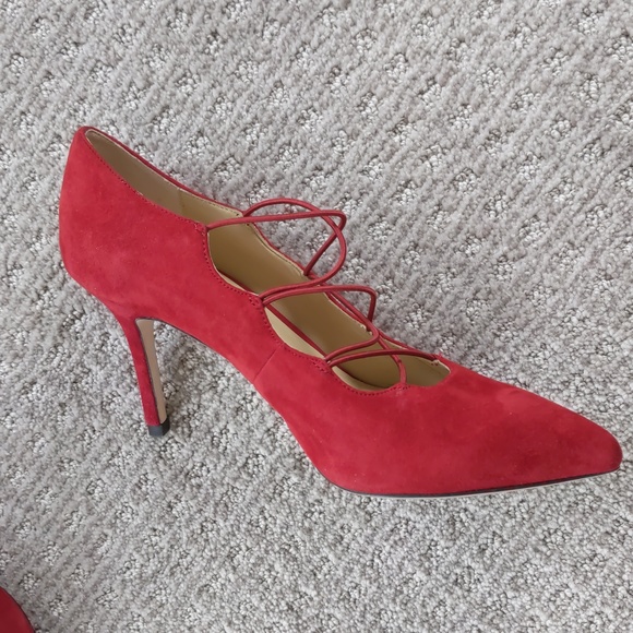 GORGEOUS "The Collection" Red Suede Leather Stretch Strapy Pointy Pumps, Sz 39 - Picture 4 of 11